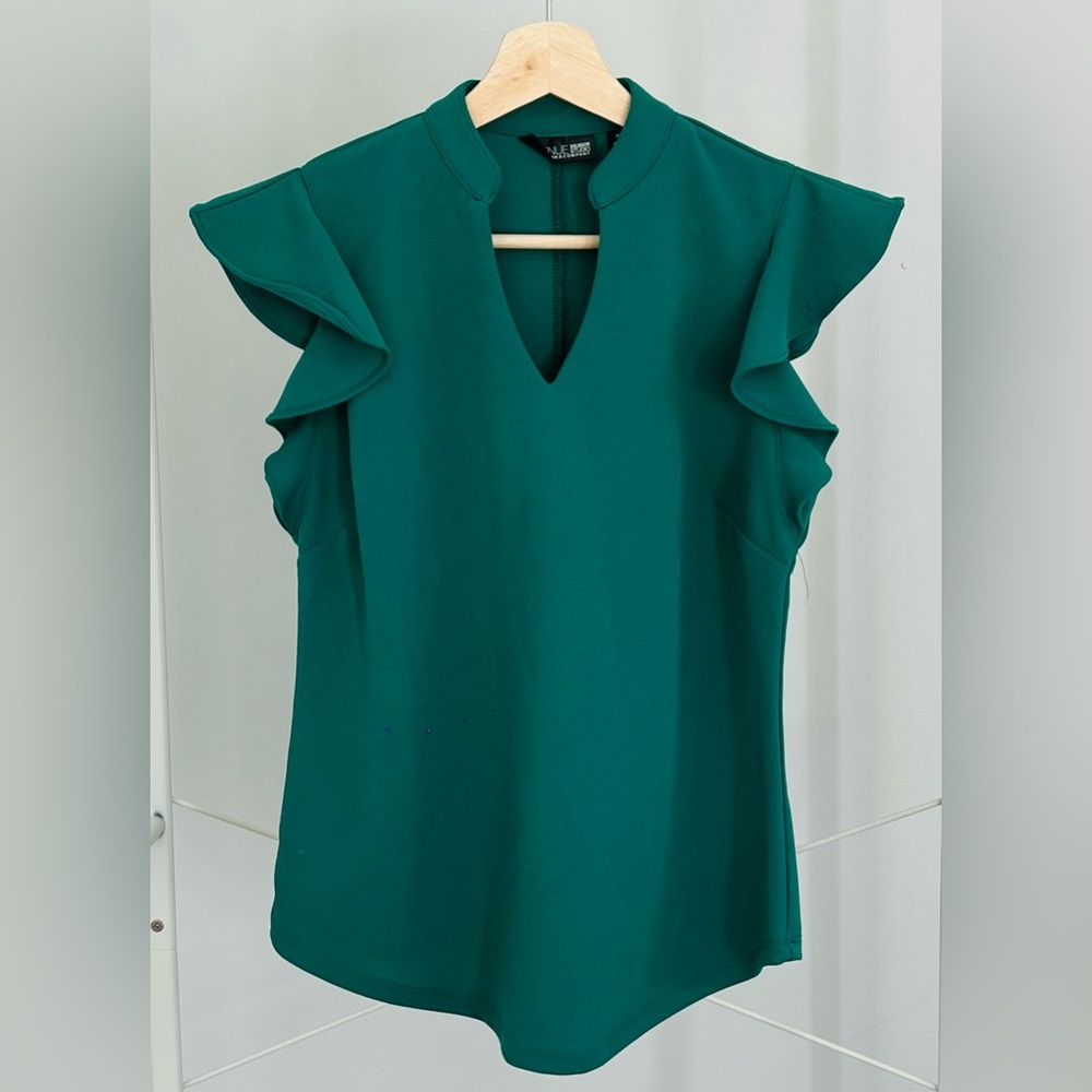 New York & Company Teal Ruffle Sleeve Blouse